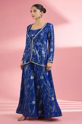 Royal blue  georgette sharara  set with thread and sequin work