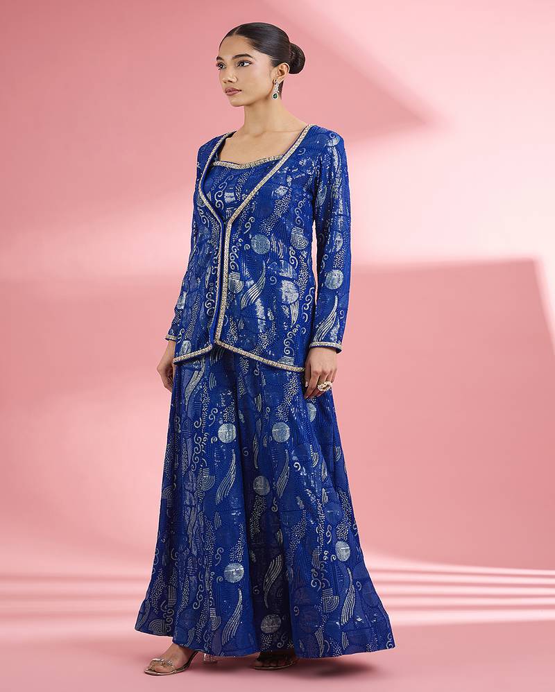 Royal blue  georgette sharara  set with thread and sequin work