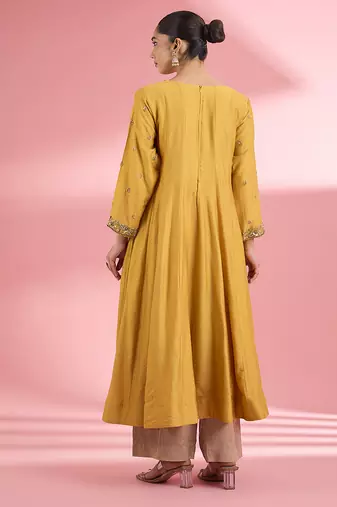 Mustard  katan silk anarkali pant  set with hand embroidery