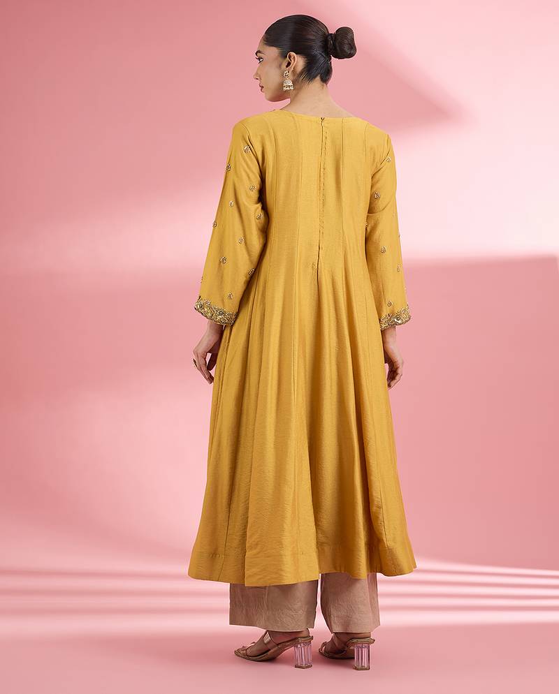 Mustard  katan silk anarkali pant  set with hand embroidery