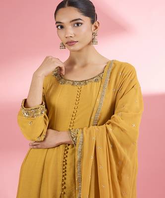 Mustard  katan silk anarkali pant  set with hand embroidery 3