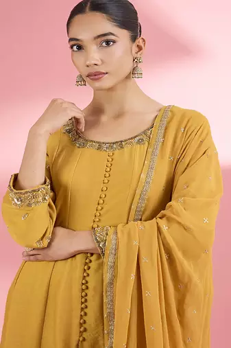 Mustard  katan silk anarkali pant  set with hand embroidery