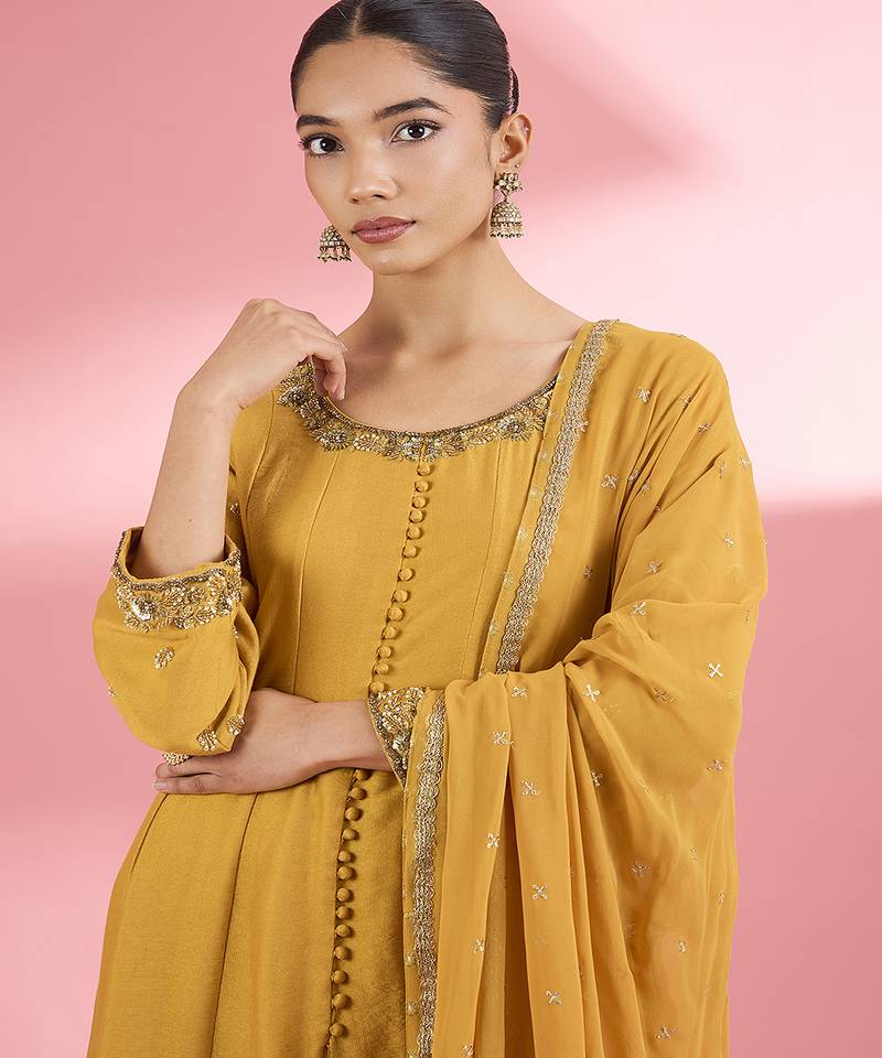 Mustard  katan silk anarkali pant  set with hand embroidery