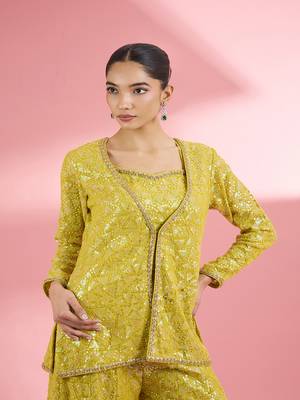 Lime green  georgette sharara  set with thread and sequin work 5