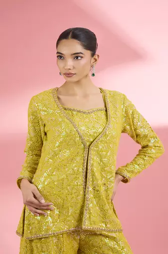 Lime green  georgette sharara  set with thread and sequin work