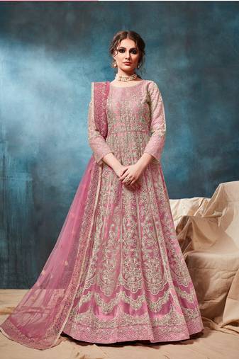 Pink Heavy Embroidered Net Gown
