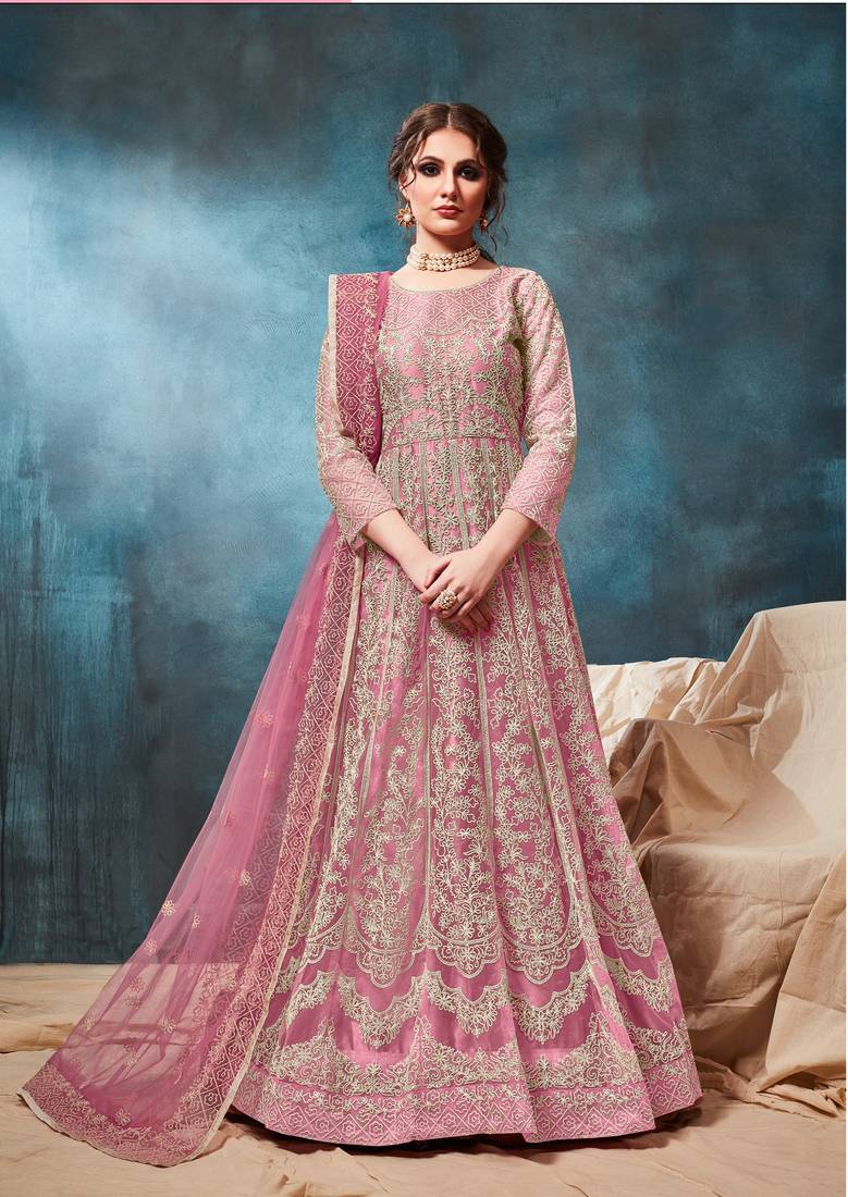 Pink Heavy Embroidered Net Gown