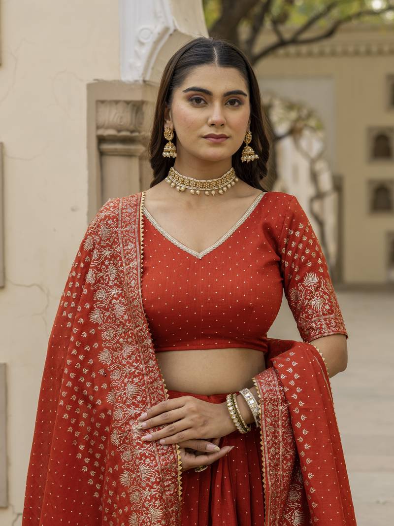 Rust vichitra silk lehenga choli