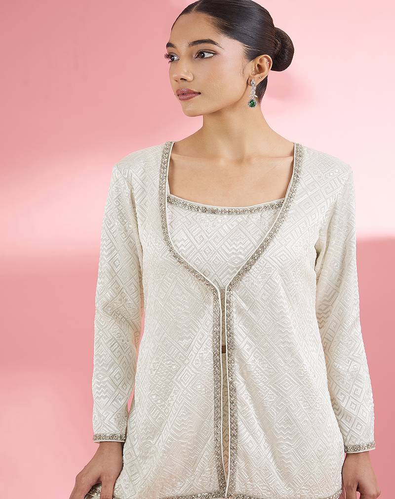 Ivory  georgette sharara  set with thread and sequin work