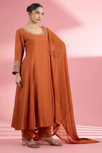 Rust katan silk hand embroidered kurta set