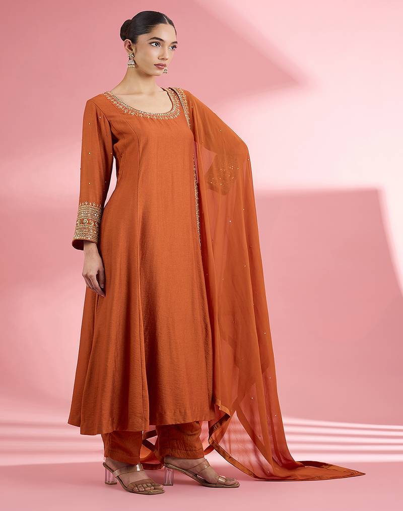 Rust katan silk hand embroidered kurta set
