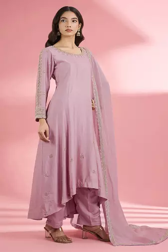 Pink katan silk hand embroidered kurta set