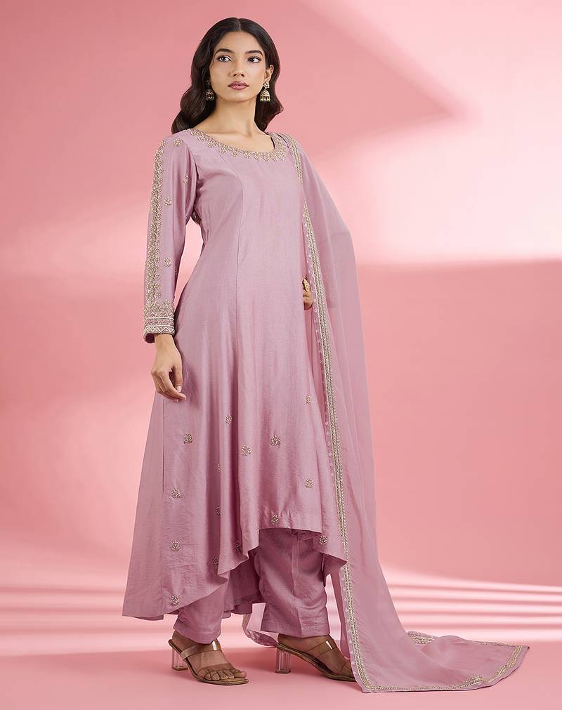 Pink katan silk hand embroidered kurta set