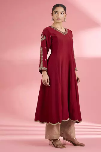 Maroon  katan silk hand embroidered kurta set