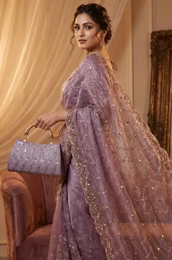 Light Lavender Color Beeds And Cut work Silk Blend Saree