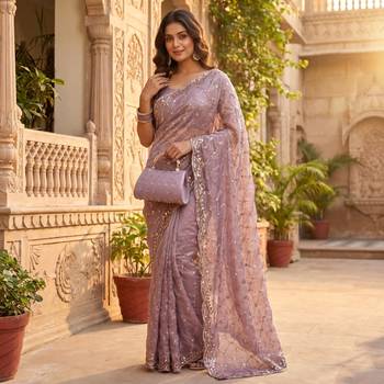 Light Lavender Color Beeds And Cut work Silk Blend Saree 1