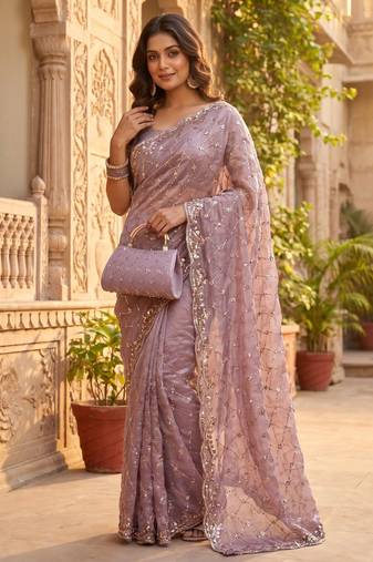 Light Lavender Color Beeds And Cut work Silk Blend Saree