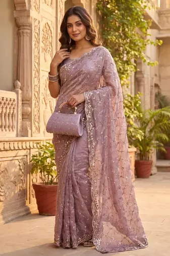 Light Lavender Color Beeds And Cut work Silk Blend Saree