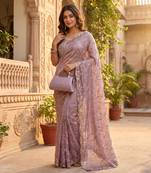 Light Lavender Color Beeds And Cut work Silk Blend Saree
