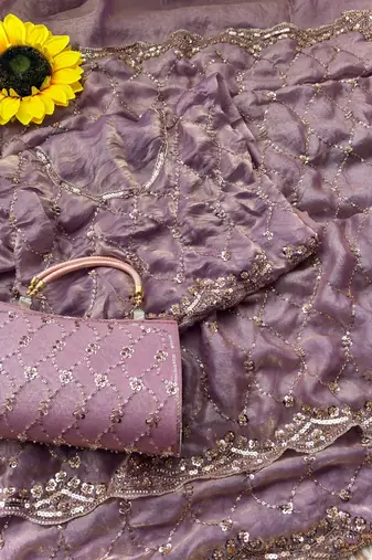 Light Lavender Color Beeds And Cut work Silk Blend Saree