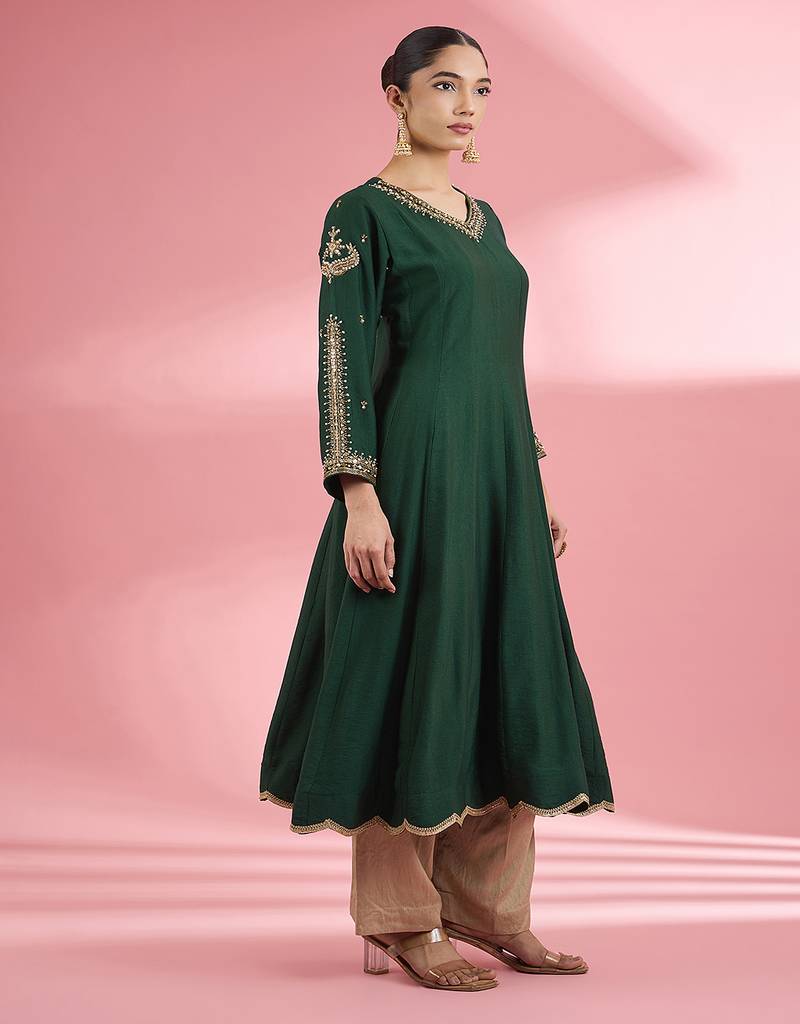Dark green   katan silk hand embroidered kurta set