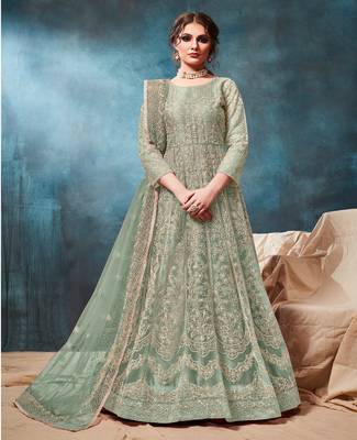 Sage Green Cording Work Net Semi-Stitched Gown 1