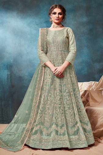 Sage Green Cording Work Net Semi-Stitched Gown
