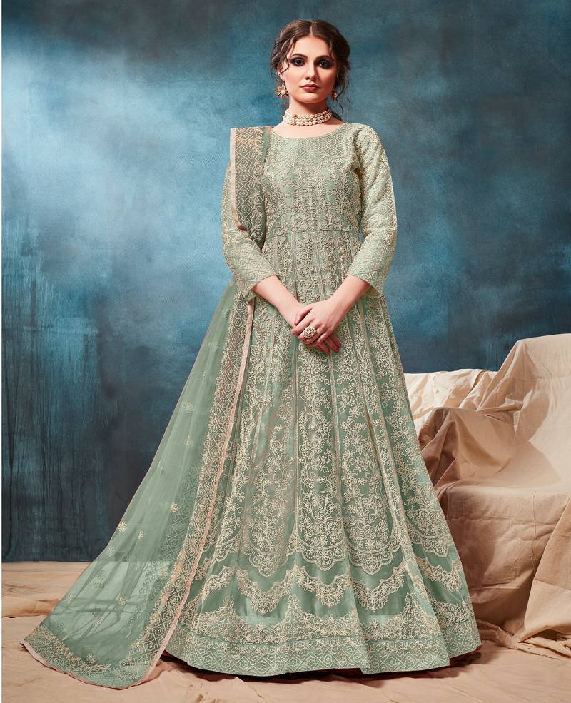 Sage Green Cording Work Net Semi-Stitched Gown