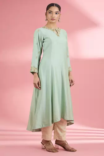 Sea green katan silk handwork kurta set