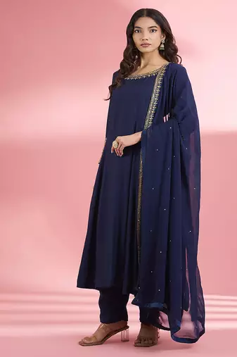 Dark blue katan silk hand embroidered kurta set