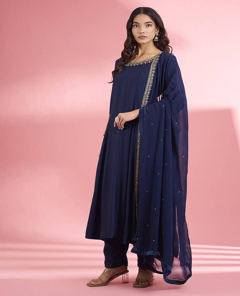 Dark blue katan silk hand embroidered kurta set