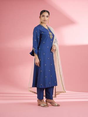 Blue katan silk hand embroidered kurta set 5