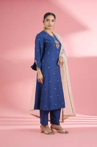 Blue katan silk hand embroidered kurta set