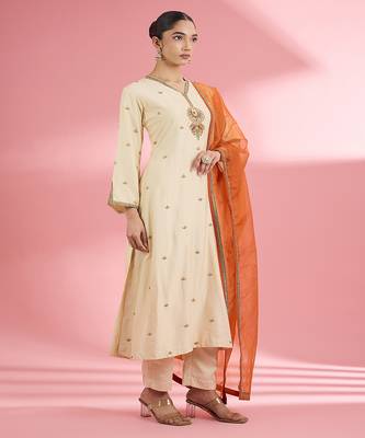 Light beige  katan silk hand embroidered kurta set 5
