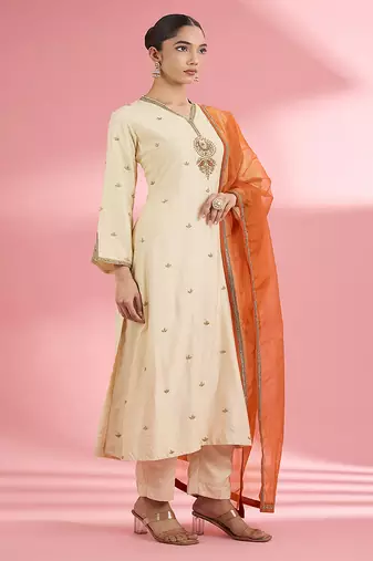 Light beige  katan silk hand embroidered kurta set