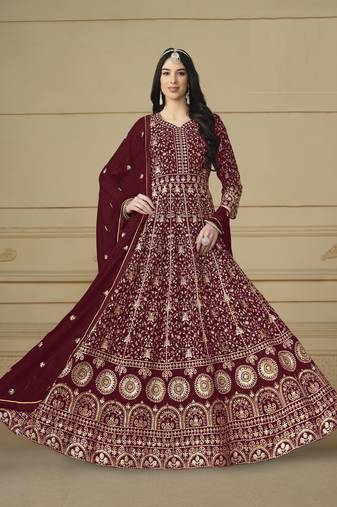 marron Faux Georgette Embroidered Anarkali Gown