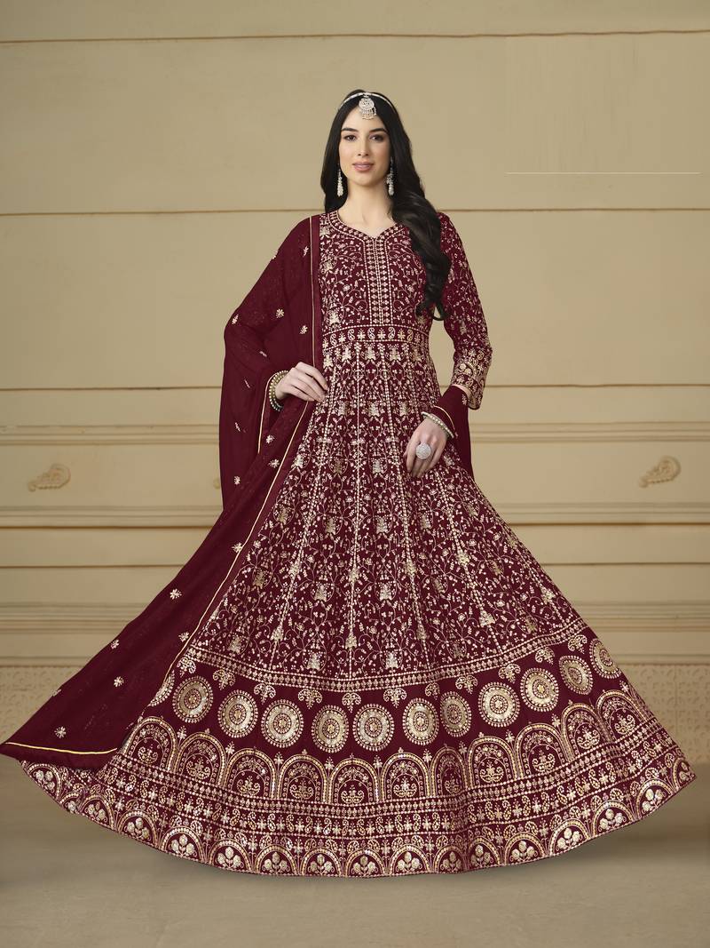 marron Faux Georgette Embroidered Anarkali Gown