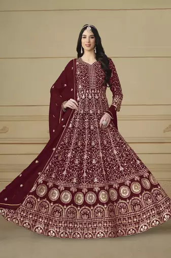 marron Faux Georgette Embroidered Anarkali Gown