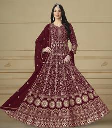 marron Faux Georgette Embroidered Anarkali Gown