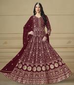 marron Faux Georgette Embroidered Anarkali Gown