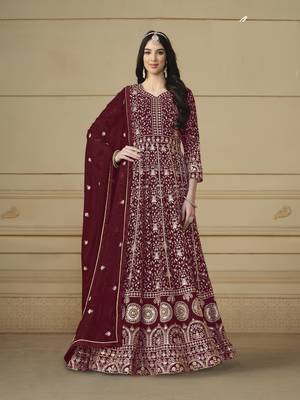 marron Faux Georgette Embroidered Anarkali Gown 2