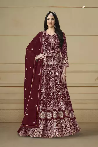 marron Faux Georgette Embroidered Anarkali Gown