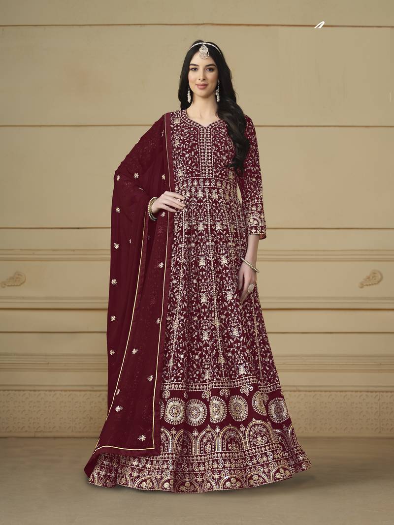 marron Faux Georgette Embroidered Anarkali Gown