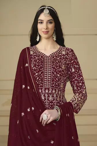 marron Faux Georgette Embroidered Anarkali Gown