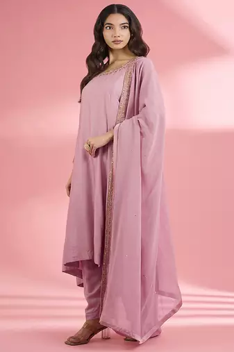Pink  katan silk hand embroidered kurta set