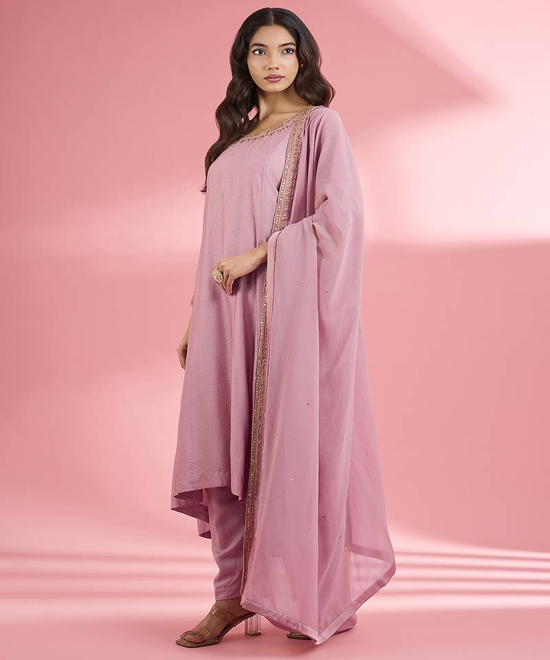Pink  katan silk hand embroidered kurta set