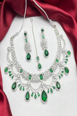 Emerald Green Bridal Necklace Set with Earrings & Maang Tikka | Silver Tone CZ Wedding Jewelry | Indian Pakistani Bride 1