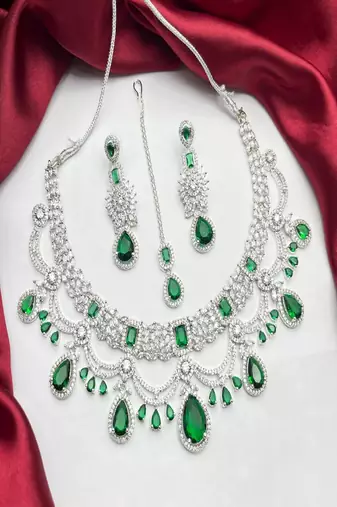Emerald Green Bridal Necklace Set with Earrings & Maang Tikka | Silver Tone CZ Wedding Jewelry | Indian Pakistani Bride