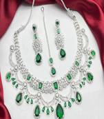 Emerald Green Bridal Necklace Set with Earrings & Maang Tikka | Silver Tone CZ Wedding Jewelry | Indian Pakistani Bride