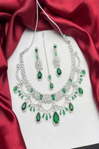 Emerald Green Bridal Necklace Set with Earrings & Maang Tikka | Silver Tone CZ Wedding Jewelry | Indian Pakistani Bride